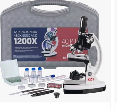 AMSCOPE-KIDS 120X-1200X 48pc Metal Arm Educational Starter Biological Microscope Kit