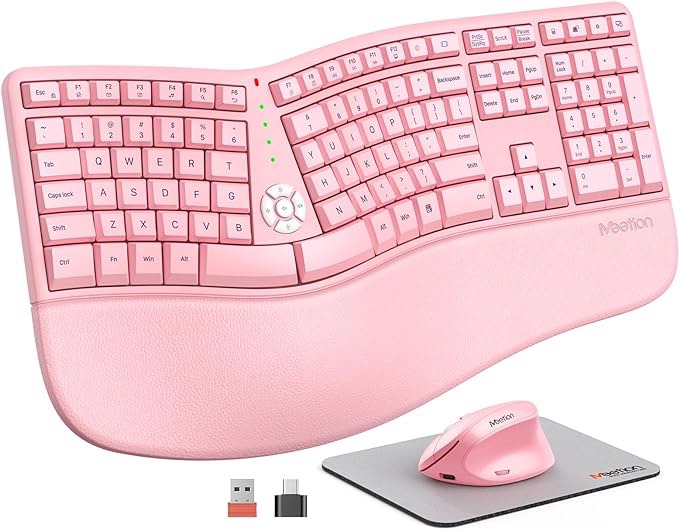 MEETION Purple Ergonomic Wireless Keyboard and Mouse, Ergo Keyboard with Vertical Mouse, Split Keyboard with Cushioned Wrist, Palm Rest, Natural Typing, Rechargeable, Full Size, Computer/Laptop