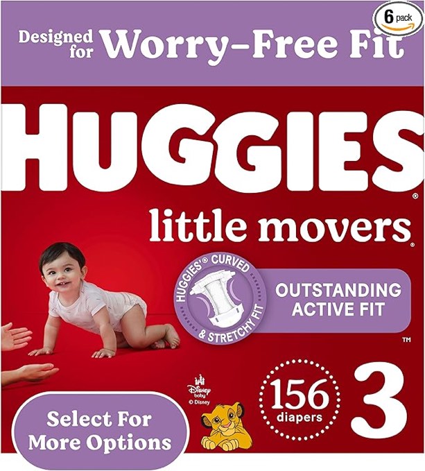 Huggies Size 3 Diapers, Little Movers Baby Diapers, Size 3 (16-28 lbs), 156 Count (6 packs of 26)