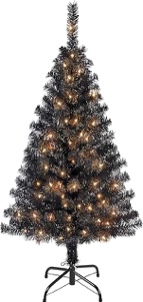 Yaheetech 4ft Pre-lit Halloween Black Spruce Artificial Hinged Christmas Pine Tree Prelighted Xmas Tree for Home Party Holiday Decoration with 70 Clear Warm White Lights and 110 Branch Tips, Black