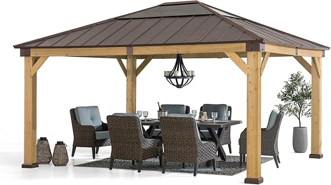 ( incomplete set, only box 3) Sunjoy Hardtop Gazebo 13 x 15 ft. Standard Cedar Framed Wood Gazebo, Outdoor Patio Gazebo  Frame Finish: Brown, Roof Color: Brown