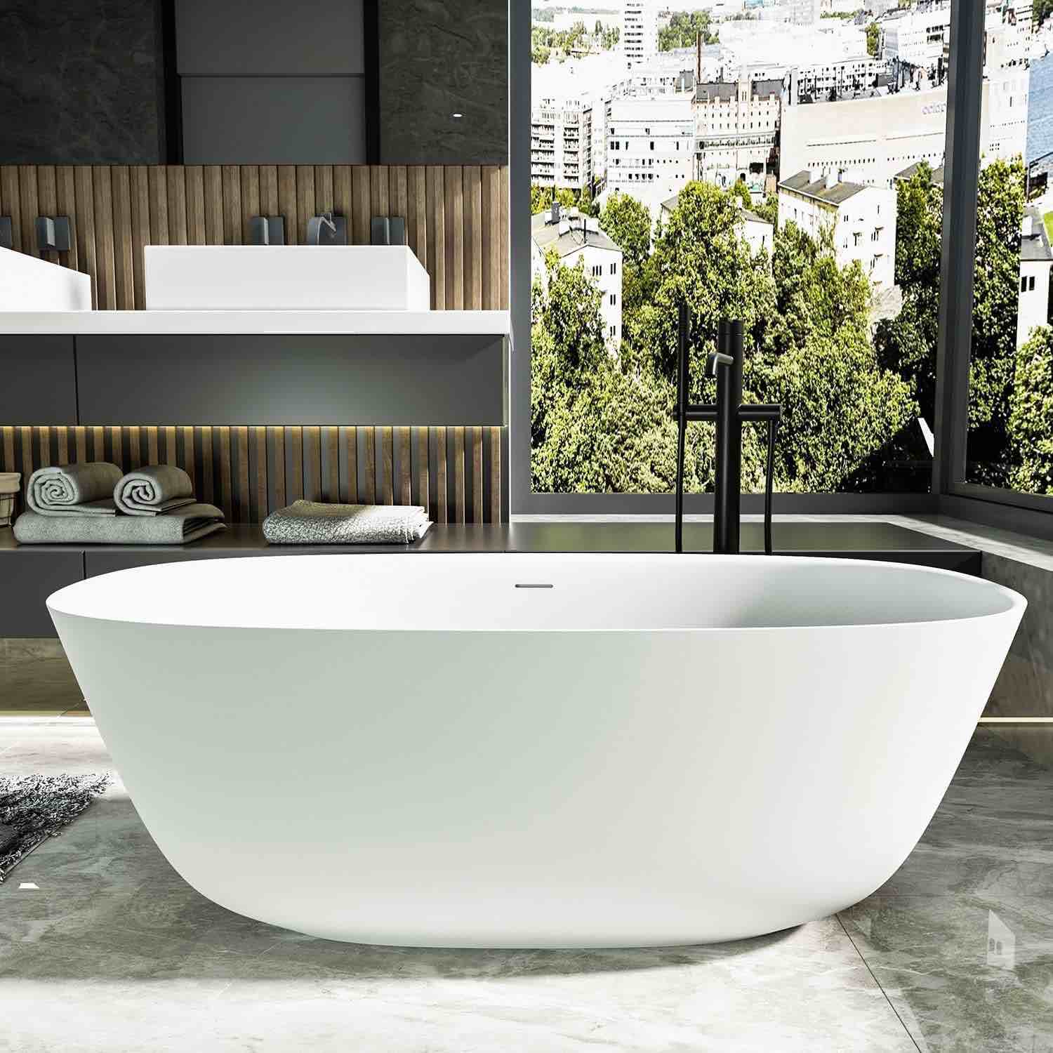 Cpingao 59" Solid Surface Freestanding Bathtub, Stone Resin Soaking Tub