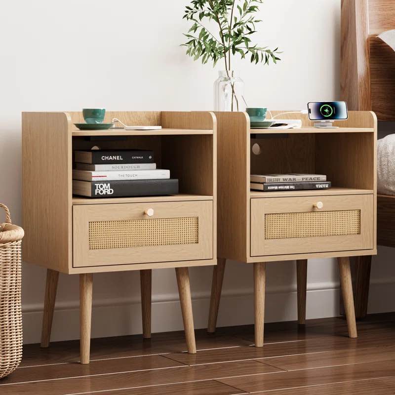 23.6'' Tall Drawer Rattan Nightstand with Charging Station Quantity: Set of 2, Color: Yellow