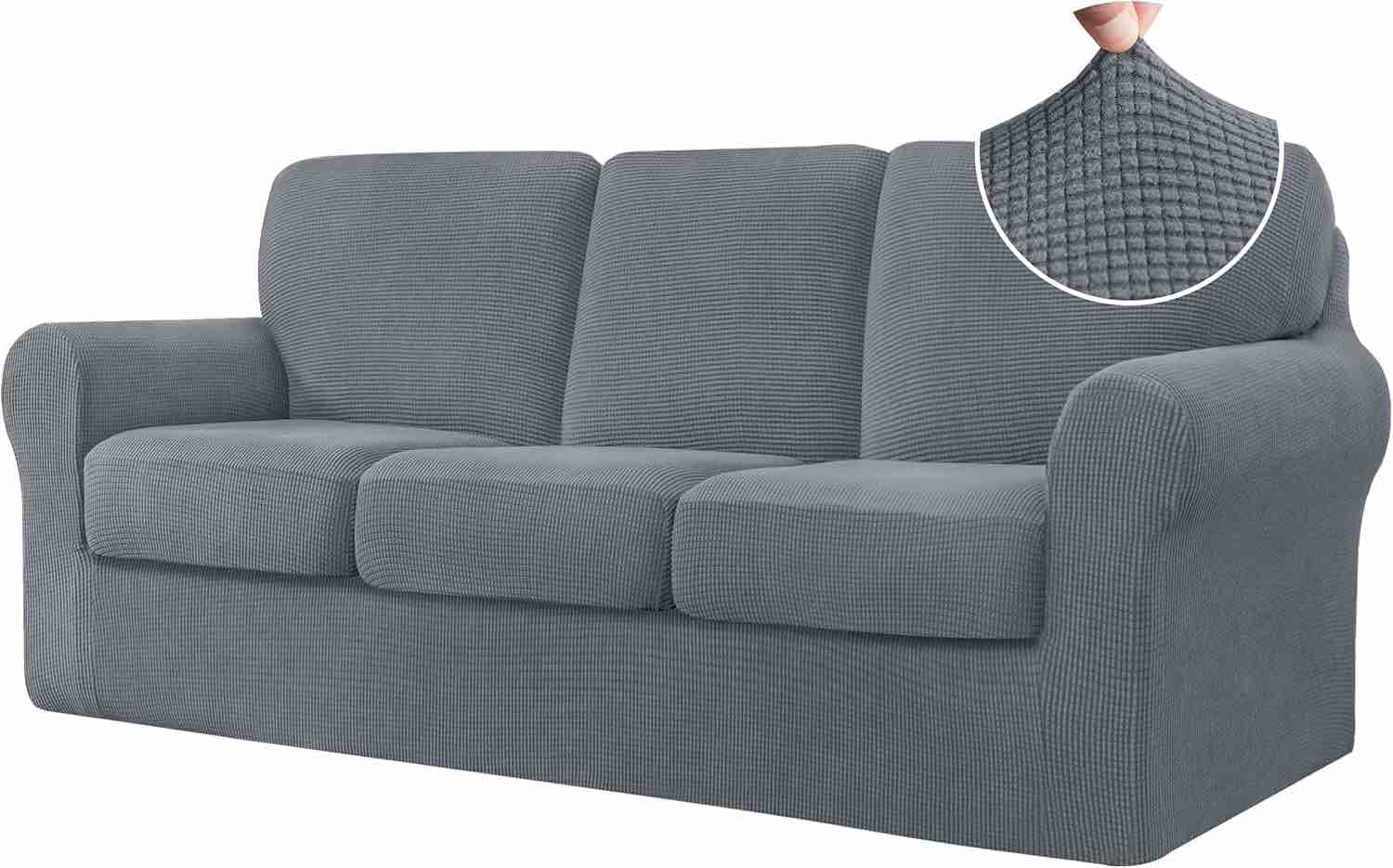 CHUN YI 7 Piece Couch Cover, Stretch Sofa Covers for 3 Cushion Couch Covers, 3 Seater Couch Slipcover with 3 Separate Backrest Cushion Covers with Elastic Band, Spandex Fabric(Large, Light Gray)