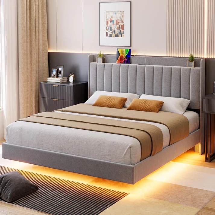 GARVEE Full Floating Bed Frame with Charging Station & Storage Headboard, Upholstered Platform Full Size Bed Frame with LED Lights, Solid Wood Slats, Grey