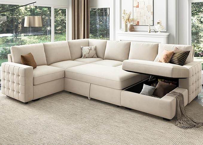 only 1 box, incomplete HONBAY Sectional Couch with Pull Out Bed, Sectional Sleeper Sofa with Storage, U Shape Sectional Couches for Living Room,Velvet Beige