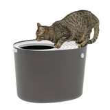 IRIS USA Top Entry Cat Litter Box with Scoop | Stylish Round Enclosed Design, Grey/White