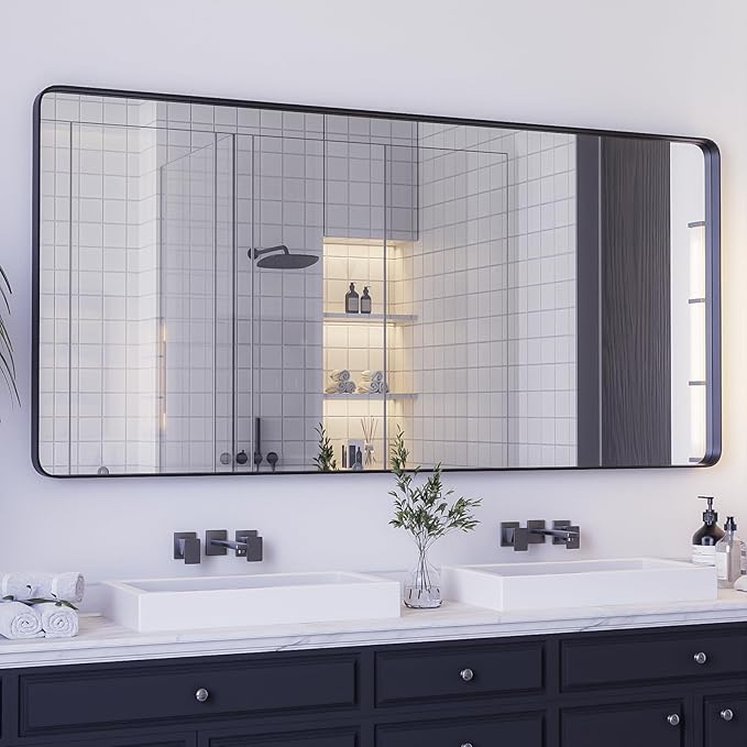 Yamazakura Large Bathroom Mirror for Wall, 60x28 Inch Matte Black Framed Rectangular Bathroom Vanity Mirror for Farmhouse, Anti-Rust, Tempered Glass, Rounded Corner (Horizontal/Vertical)