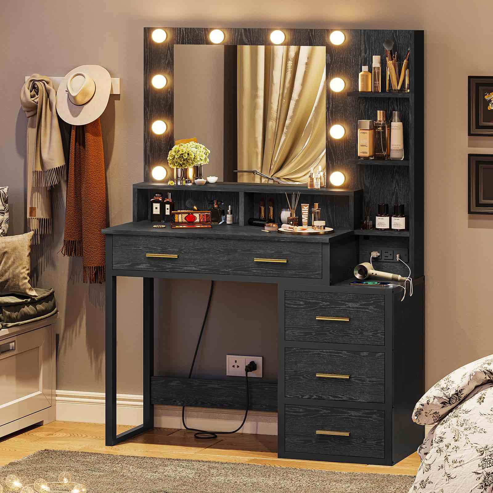 **DAMAGED ** (mirror broken)Makeup Vanity with Lights and Charging Station, Black Vanity Desk with Mirror and Lights, Makeup Table with 5 Drawers and Shelves, Vanity Mirror with Lights Desk, Black Wood Grain
