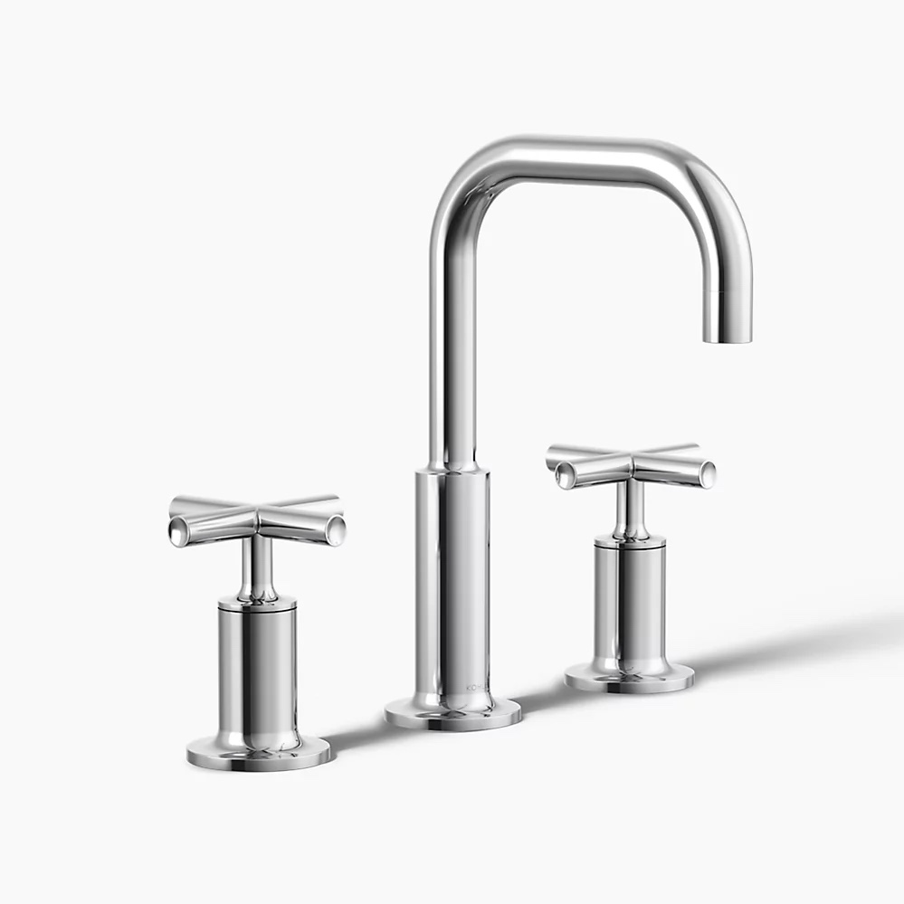 Kohler Purist® Widespread Bathroom Faucet with Pop-Up Drain Assembly, 3-Hole High Arc Cross Handle Bathroom Sink Faucet, 1.2 gpm