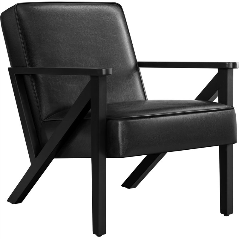 Faux Leather Armchair Lounge Chair With Z-Shaped Wood Legs