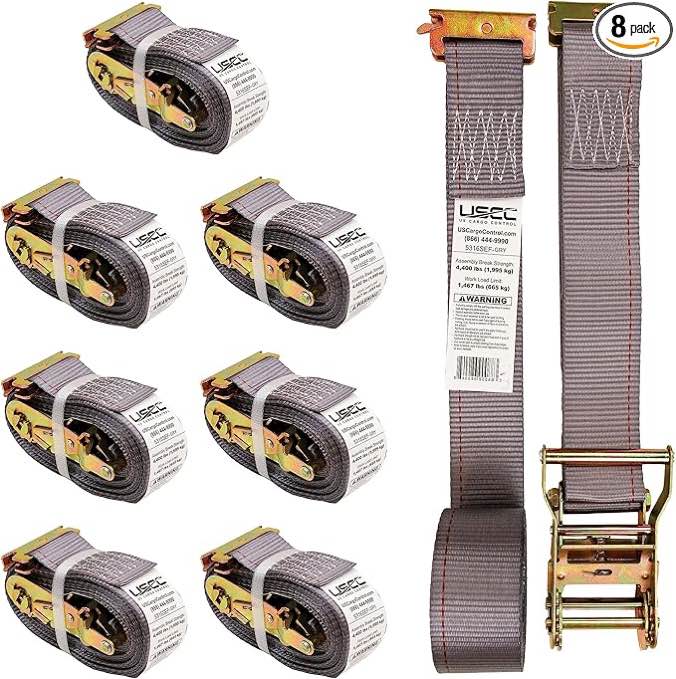 a whole box filled - US Cargo Control E-Track Ratchet Straps 4,400 LBS Break Strength, 2 Inch x 16 Foot Heavy Duty Gray E-Track Straps with 4 Foot Fixed End and Spring E-Fittings, Logistic Ratchet Straps