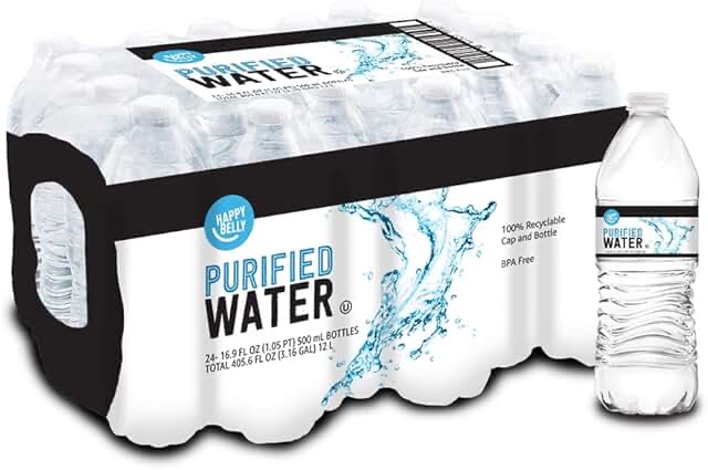 Amazon Brand - Happy Belly Purified Water, Plastic Bottles, 16.91 fl oz (Pack of 24)