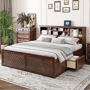 King bed frame with drawers and usb antique wood color *incomplete missing 2 out of 3 boxes* 