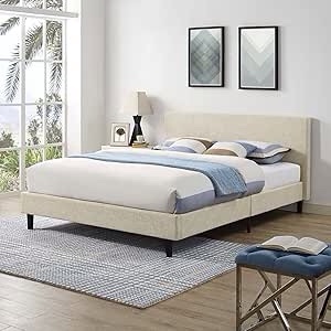 MISSING ONE BOX* upholstered queen bed beige *similar style to stock photo*