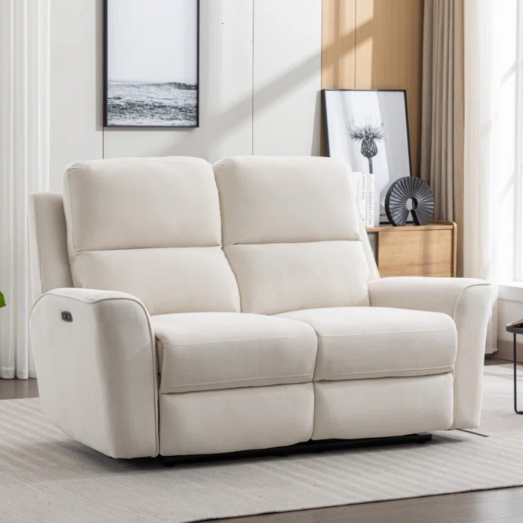 Divona 63.8" Wide Microfiber Upholstered Zero Clearance Recliner Power Reclining Loveseat Sofa with USB Port, 2-Seater Recliner Loveseat Upholstery Color: White