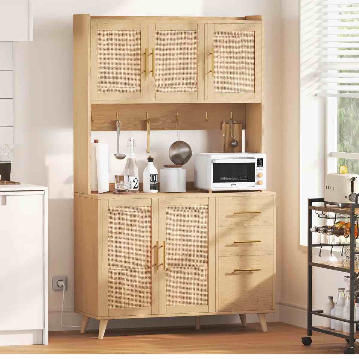 Manganaro 70.9" Kitchen Pantry with Microwave Shelf, Rattan Sideboard Buffet with Charging Station