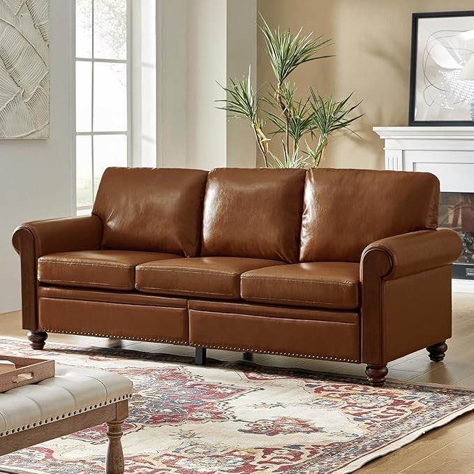 *incomplete* HULALA Home 81" Sofa, Classic Faux Leather Couch Comfy 3 Seater Sofa with Wood Decor Rolled Arms Nailhead Trim, Brown Upholstered Leather Couch for Living Room