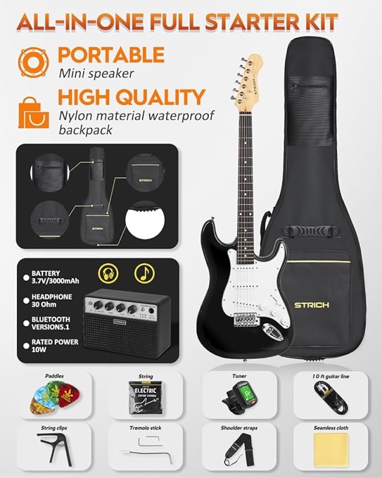 STRICH Electric Guitar Beginner Kit, Solid Body 39" Full Size Electric Guitar SSS Pick Up for Starter, Bag, Digital Tuner, Capo, Strap, String,Cable, Picks, SST-S10 Black