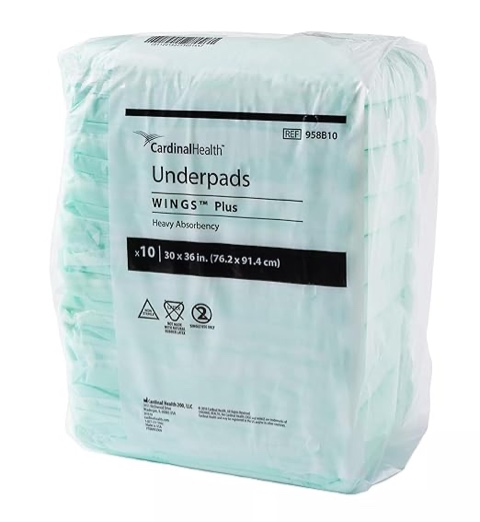 Cardinal HealthTM Underpads, WingsTM Plus, Heavy Absorbency, Green, 30 x 36IN, (10 count 