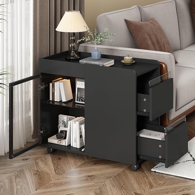 Incomplete box Modern End Table with LED Light and Wheels, Side Table with Transparent Brown Glass Door, 2 Storage Shelves and Drawers for Living Room (Black) 