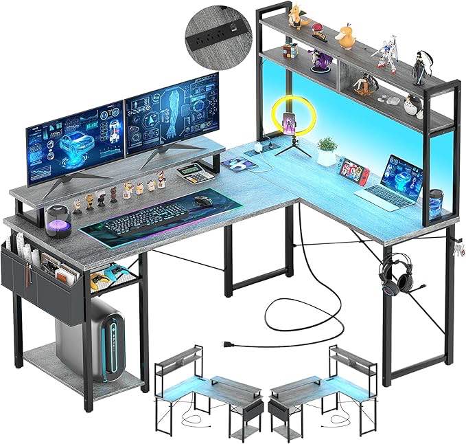 Aheaplus L Shaped Gaming Desk with Power Outlets & LED Lights, Small L- Shaped Desk Computer Corner Desk with Monitor Stand & Storage Shelf, Home Office Desk Writing Desk with Storage Bag, Gray 49Inch