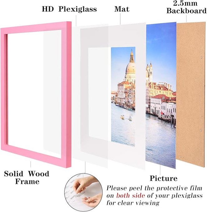 wyooxoo 18x24 Post Frame 1 Pcs Pink Solid Wood Picture Frames Display Pictures 16x20 with Mat or 18x24 Without Mat Colorful Frame For Horizontal Vertical Wall Mounting