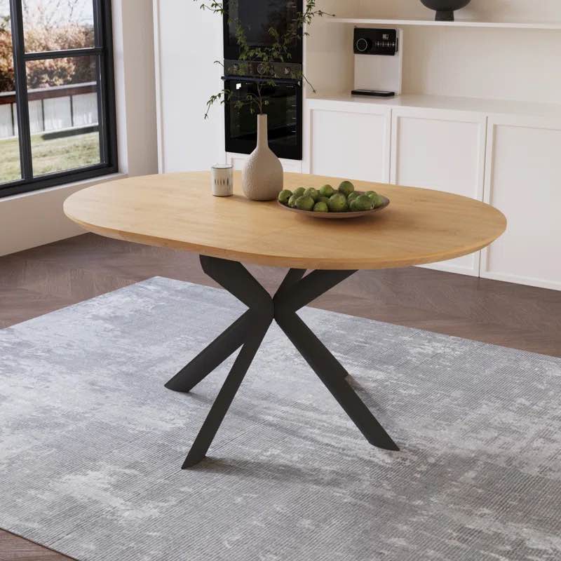 59 In. Oak Oval Extendable Mid-Century Modern Dining Table For 4-6 With Carbon Steel Legs  (Incomplete Box 2/2 )