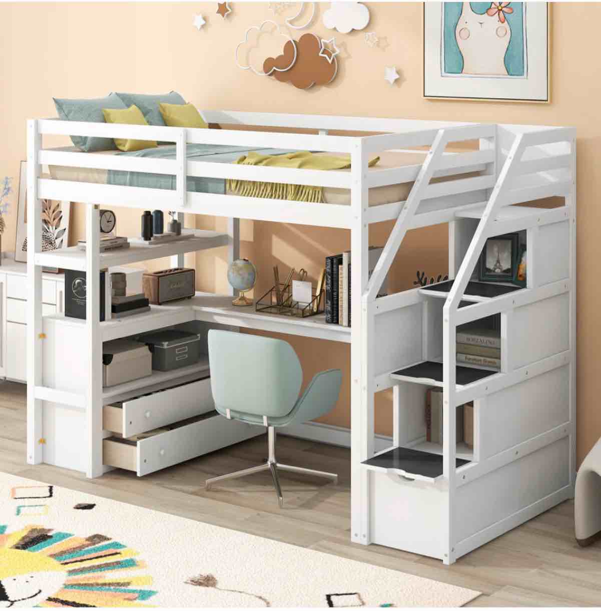 Twin Loft Bed With Desk And Shelves (Incomplete Box 2/3 )