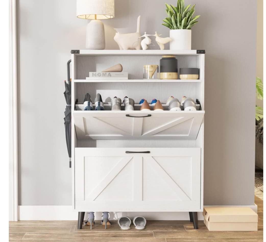 Farmhouse Shoe Storage Cabinet with 2 Flip Drawers and Adjustable Shelves