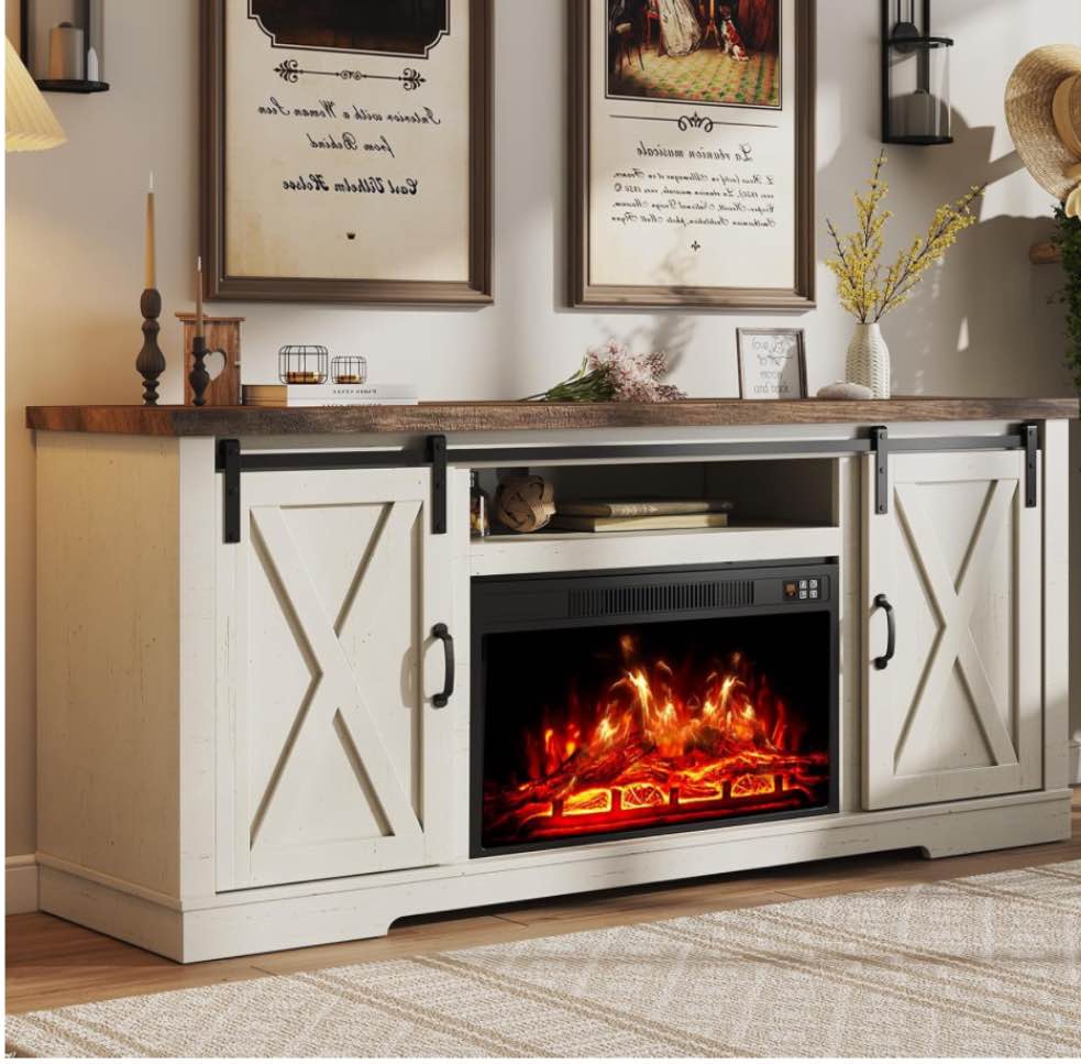 Fireplace TV Stand with Sliding Barn Door for TVs up to 65", Farmhouse 59" Fireplace Entertainment Center with Storage Cabinets Adjustable Shelves, Distressed White  Barnwood  (Incomplete Box 1/2 )