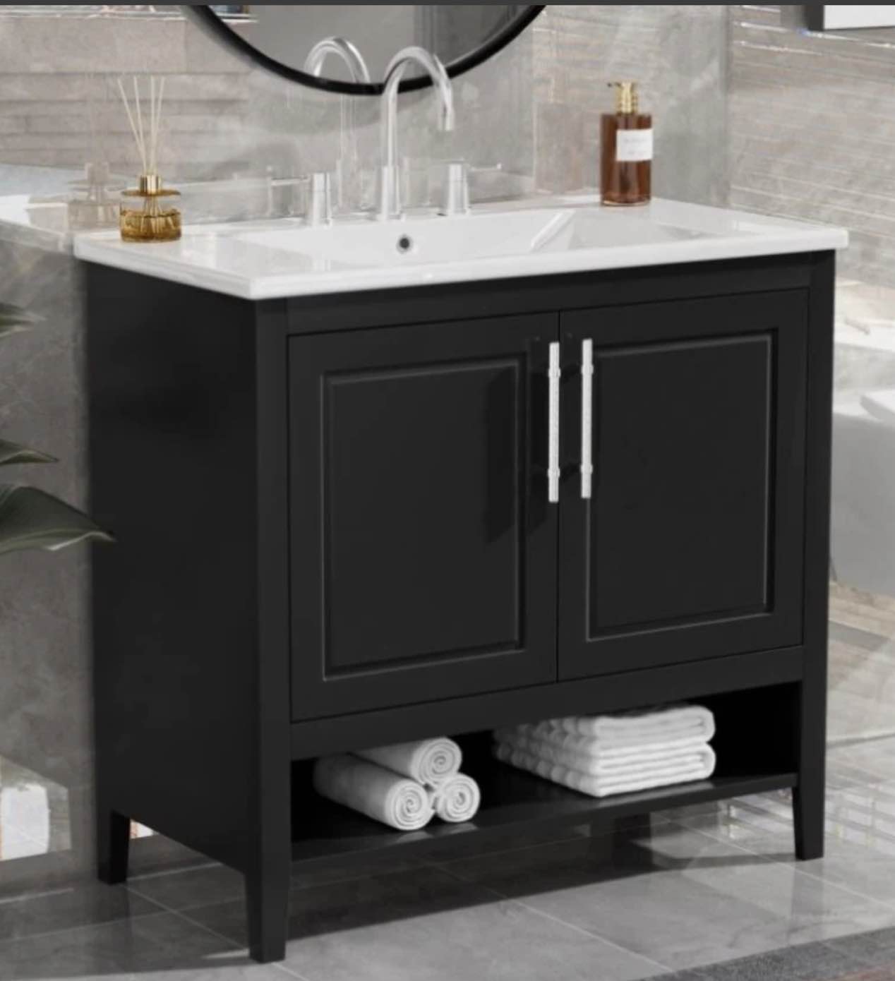 ZNTS 36" Bathroom Vanity with Sink, Multi-functional Bathroom Cabinet with Doors Drawers, MDF Frame WF319758AAB  (Missing Sink)
