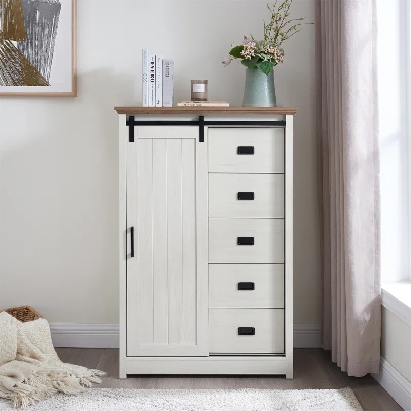 Farmhouse Accent Chest With Sliding Barn Door And 5 Drawers - Rustic Charm And Practical Storage