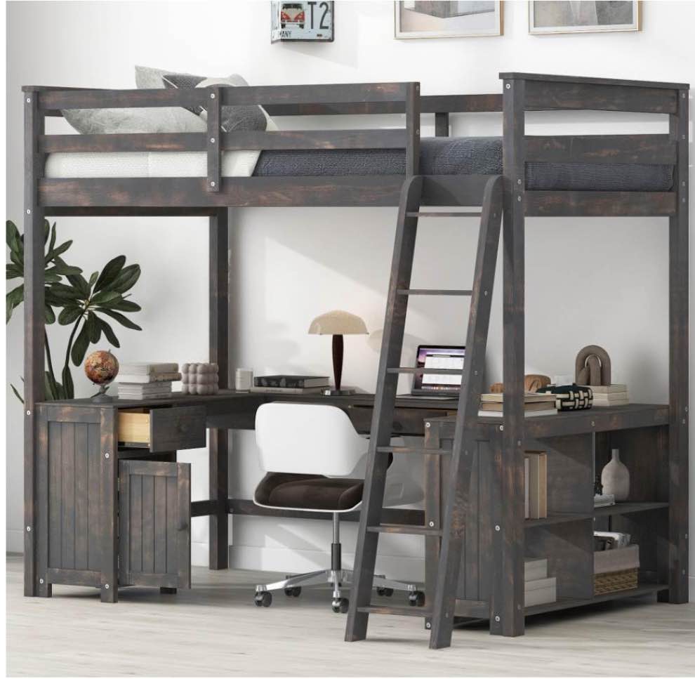 Loft Bed With U-Shaped Desk, Drawers And Storage Shelves, Antique Brown. (Incomplete Box 1/2 )