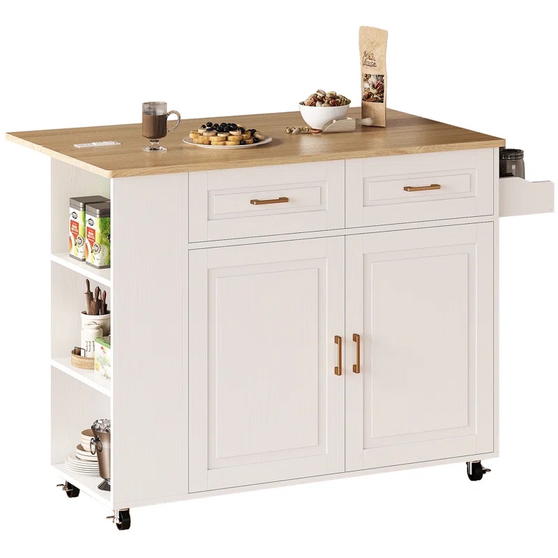 47'' W Wooden Rolling Kitchen Island With Storage,drop-leaf,charging Station,adjustable Shelves