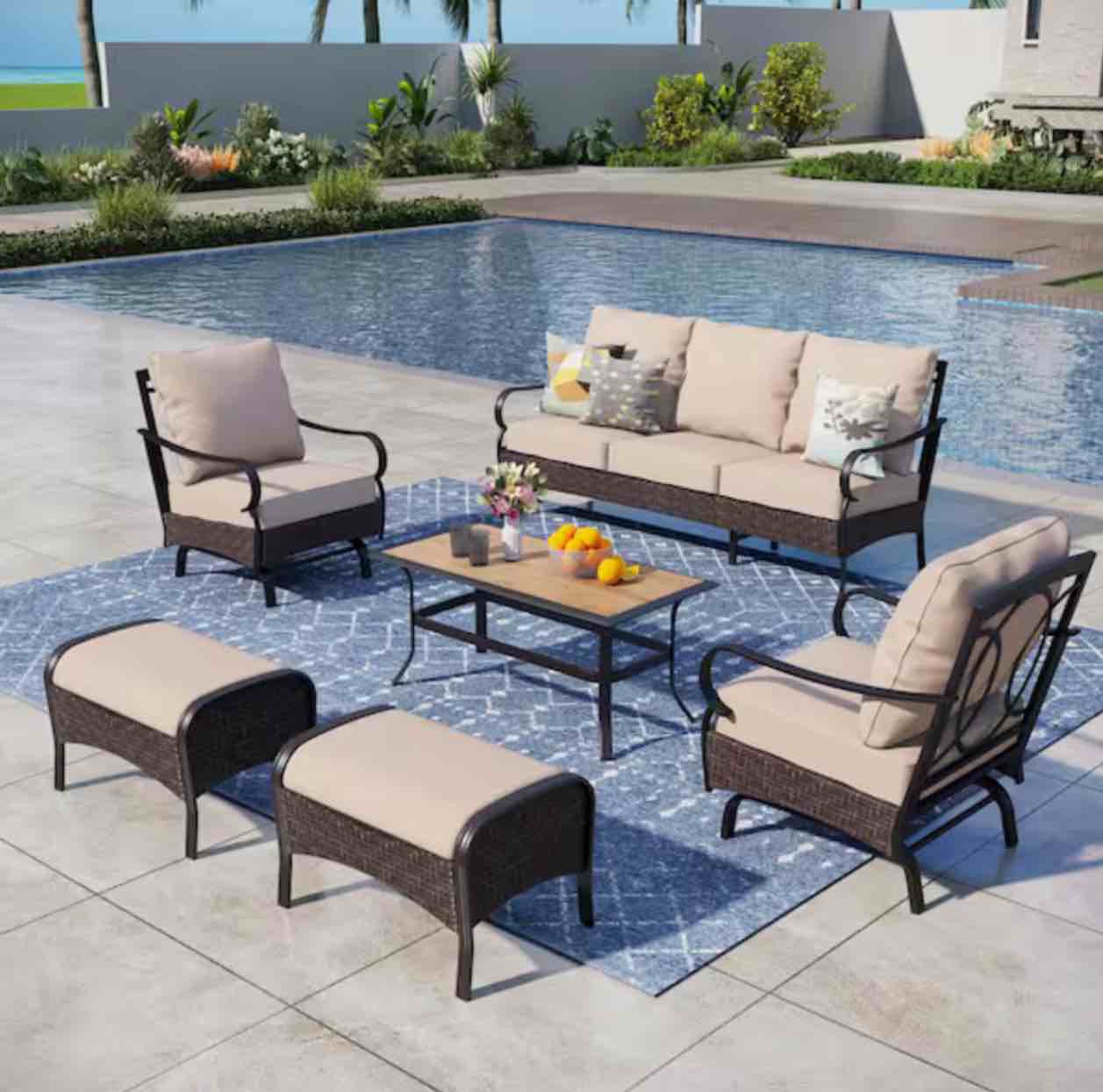 Black Rattan 7 Seat 6-Piece Steel Outdoor Patio Conversation Set with Beige Cushions, Table with Wood-Grain Top (Incomplete, Only 1 Piece )
