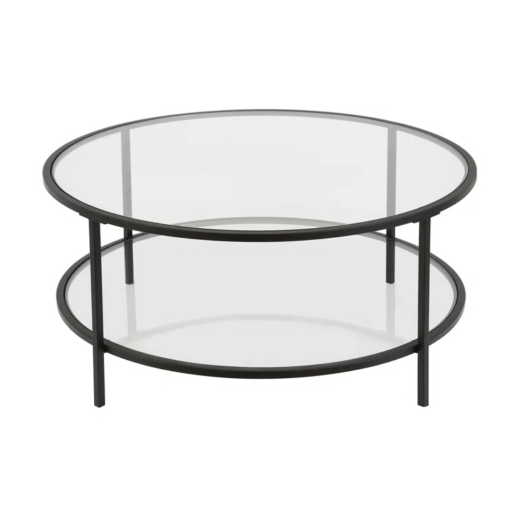 Saskya 36" Glass And Steel Round Coffee Table With Shelf