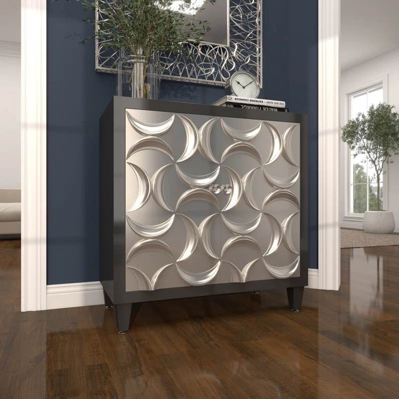 Fellman Wooden Silver Crescent Moon Relief Design 2 Door Room Cabinet with Crystal Knob Handles