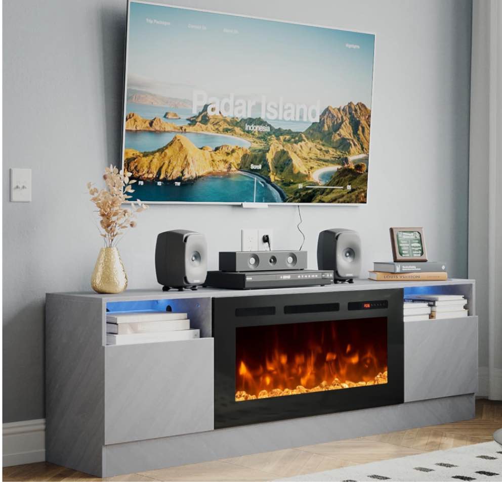 Fireplace Tv Stand With 36" Electric Fireplace, Led Light Entertainment Center, Modern Wood Texture Entertainment Stand With Highlight Storage Cabinet For Tvs Up To 80", 70 Inches (Incomplete Box 1/2 )