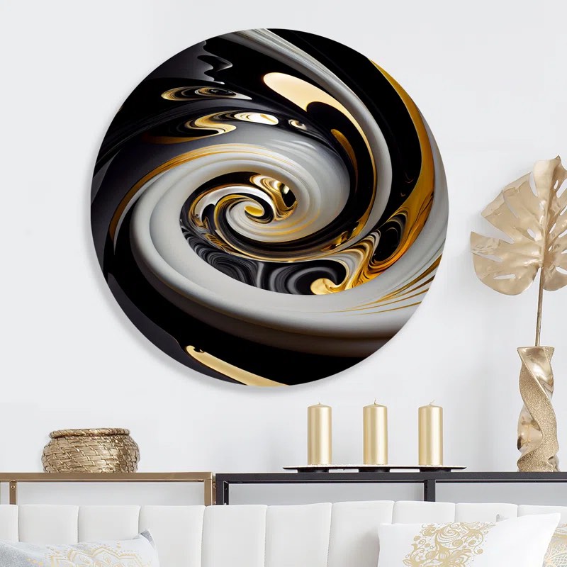 Gold And Black Stained Glass Spiral III - Abstract Spirals Round Wall Art on Metal