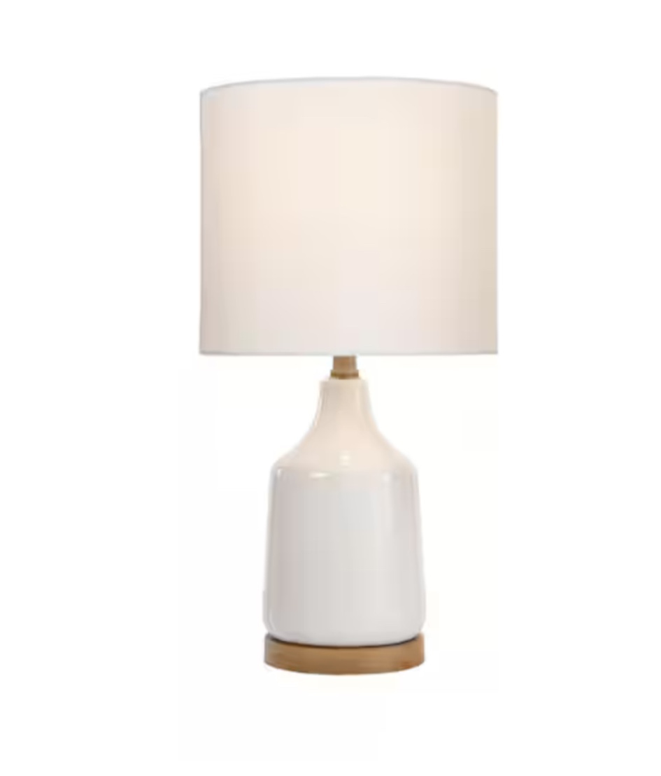 Saddlebrook 21.5 in. Cream Ceramic and Faux Wood Table Lamp with White Fabric Shade
