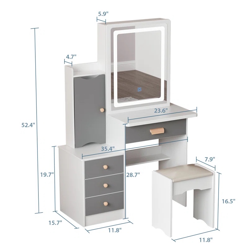 Vinush Vanity Set with Stool and Mirror white