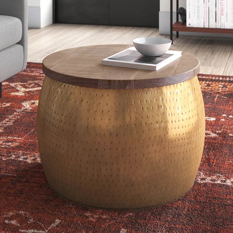 Henton Hammered Metal Drum Coffee Table with Storage and Wooden Top
