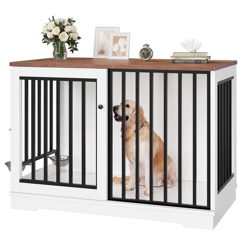 47.2''W Sturdy Large Dog Crate with 2 Feeding Bowls brown/white 