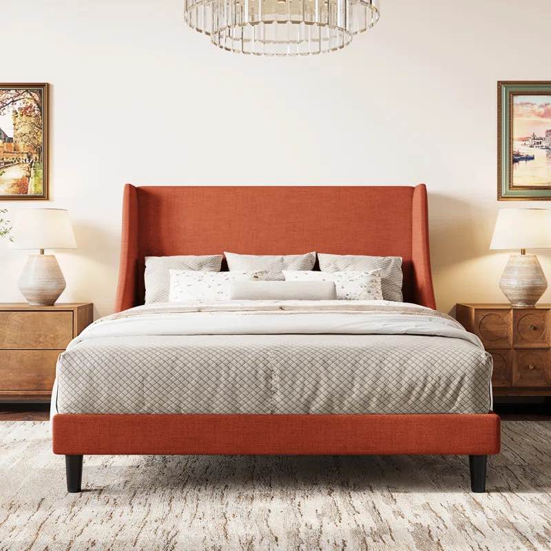 Bowdoin Upholstered Wingback Platform Bed burnt orange  queen size Overall 63.4'' W X 81.7'' L