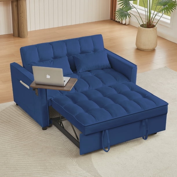 ( incomplete, only box 1 of 2 ) 55'' Wide Convertible Velvet Armless Sleeper Sofa Bed With Reclining Backrest blue Assembled Product Dimensions (L x W x H) 53.14 x 34.64 x 31.49 Inches