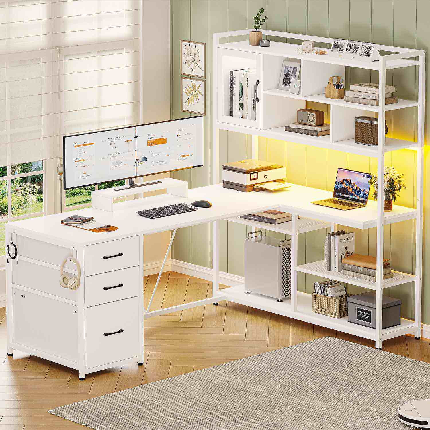 58 Inches L Shaped Gaming Desk With LED Light 3 Drawers And Bookshelf Storage Shelves White