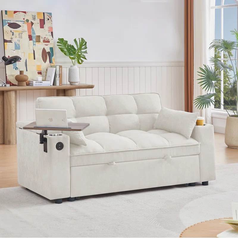 ( incomplete) Jubilo Fabric 70'' Chenille Loveseat Sleeper Sofa Bed with Storage Armrest ,USB Port ,Side Table beige Overall 33'' H X 65'' W X 35'' D Overall Product Weight 140 lb.