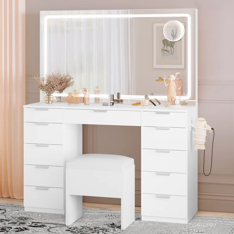 Cassanda 46’’ Vanity With Built-in Socket With Illuminated Mirror and Hair Dryer Rack white Overall 55.8'' H X 46'' W X 11.7'' D Overall Product Weight 140 lb.