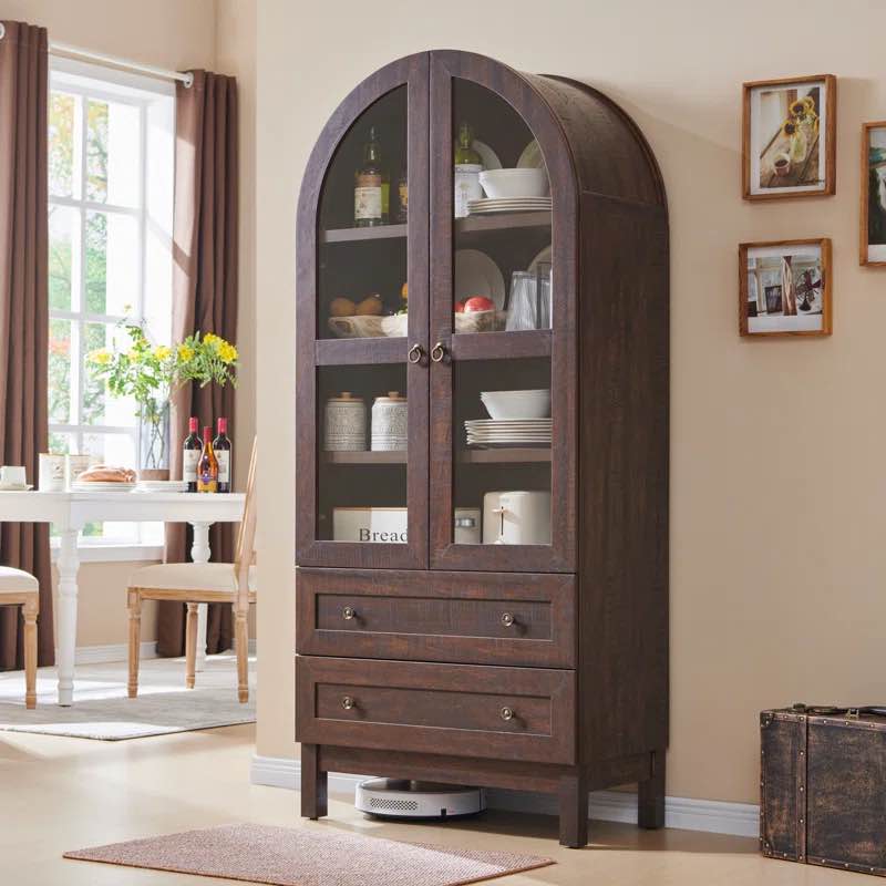 Cardentey  71" Tall Arched Kitchen Pantry, Modern Farmhouse Wood Kitchen Storage Cabinets with 2 Large Drawers and Adjustable Shelves brown Overall 71'' H X 31'' W X 16.34'' D Drawer Interior 4.72'' H X 11.8'' W X 4.72'' D Shelf 15.16'' W X 1.1'' H X 30'' D Cabinet Interior 42'' H X 14.68'' D Overall Product Weight 137 lb.